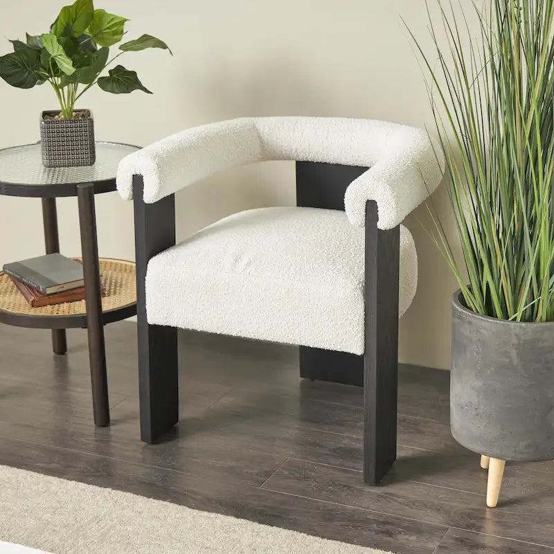 Fauteuil d'appoint rond en polyester bouclé, dossier incurvé, style moderne mi-siècle - Crème ou blanc - Roche River Decor