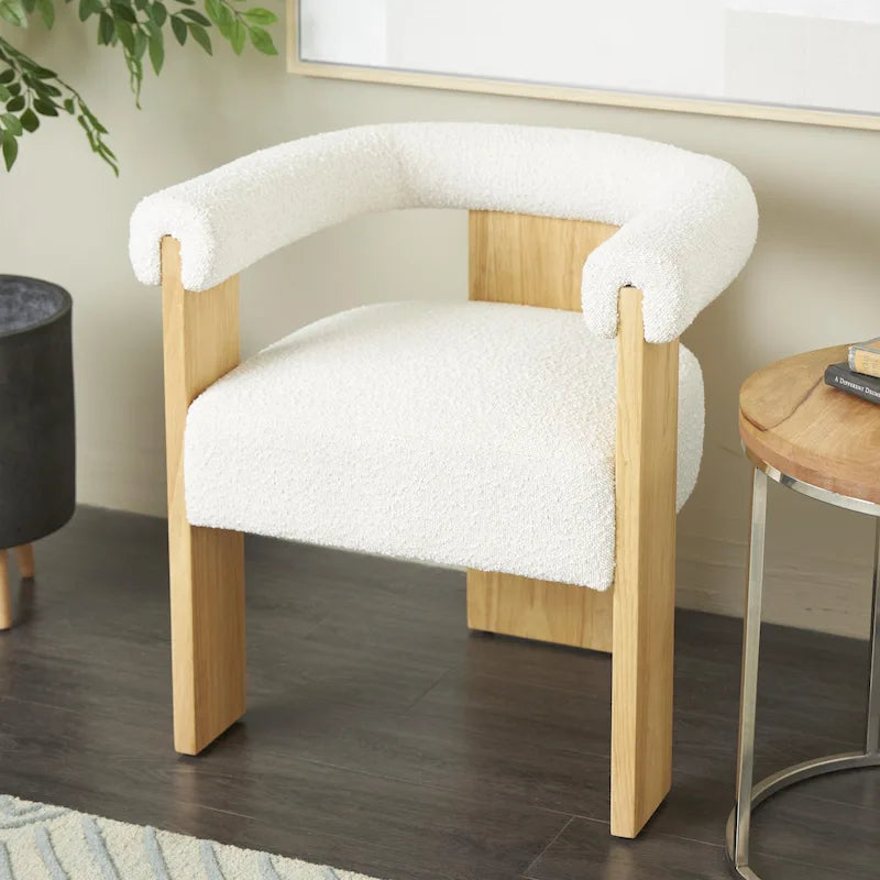 Fauteuil d'appoint rond en polyester bouclé, dossier incurvé, style moderne mi-siècle - Crème ou blanc - Roche River Decor