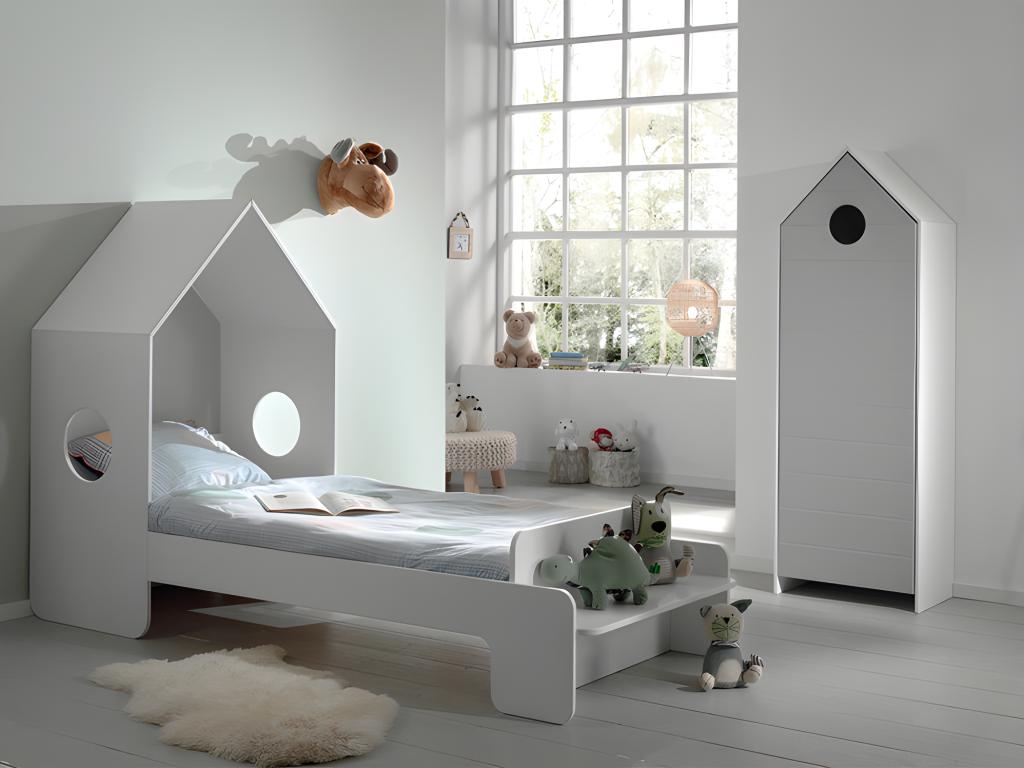 Pack - Lit Cabane Enfant / Armoire Doucezen Blanc / Gris