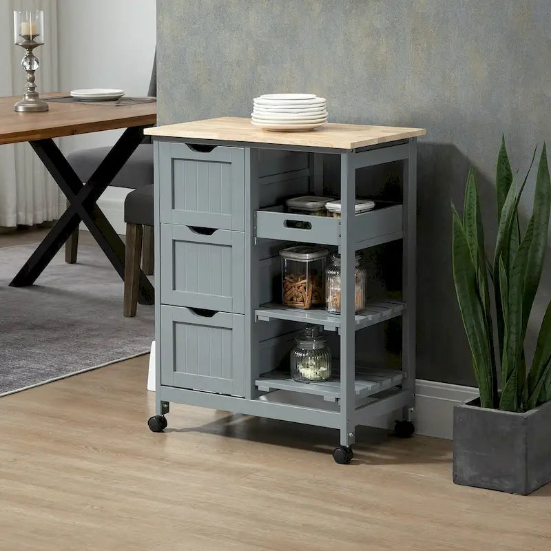 Chariot de cuisine roulant HOMCOM, chariot de service de bar, chariot compact sur roulettes avec plateau en bois, étagères et tiroirs pour la salle à manger à domicile