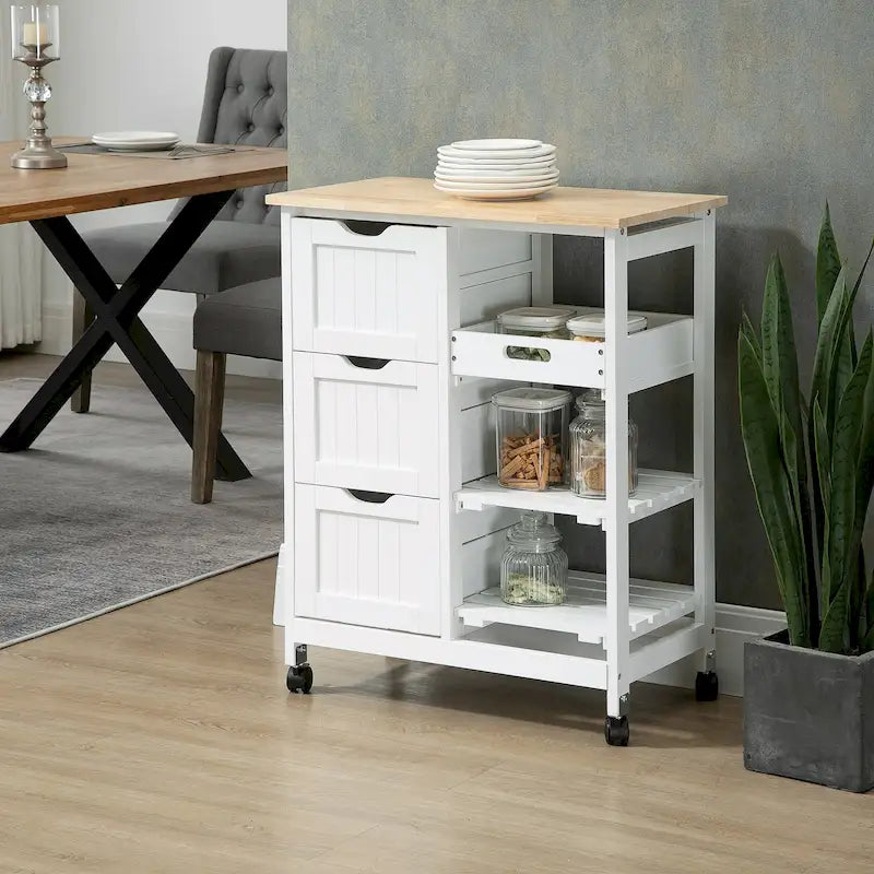 Chariot de cuisine roulant HOMCOM, chariot de service de bar, chariot compact sur roulettes avec plateau en bois, étagères et tiroirs pour la salle à manger à domicile