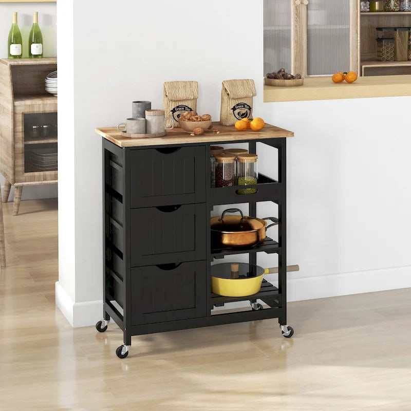 Chariot de cuisine roulant HOMCOM, chariot de service de bar, chariot compact sur roulettes avec plateau en bois, étagères et tiroirs pour la salle à manger à domicile
