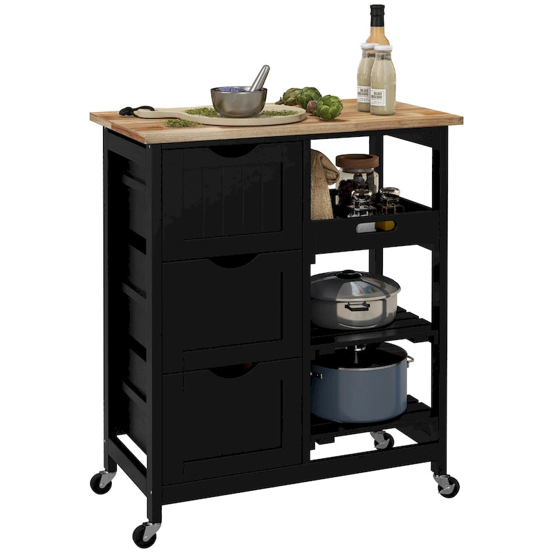 Chariot de cuisine roulant HOMCOM, chariot de service de bar, chariot compact sur roulettes avec plateau en bois, étagères et tiroirs pour la salle à manger à domicile