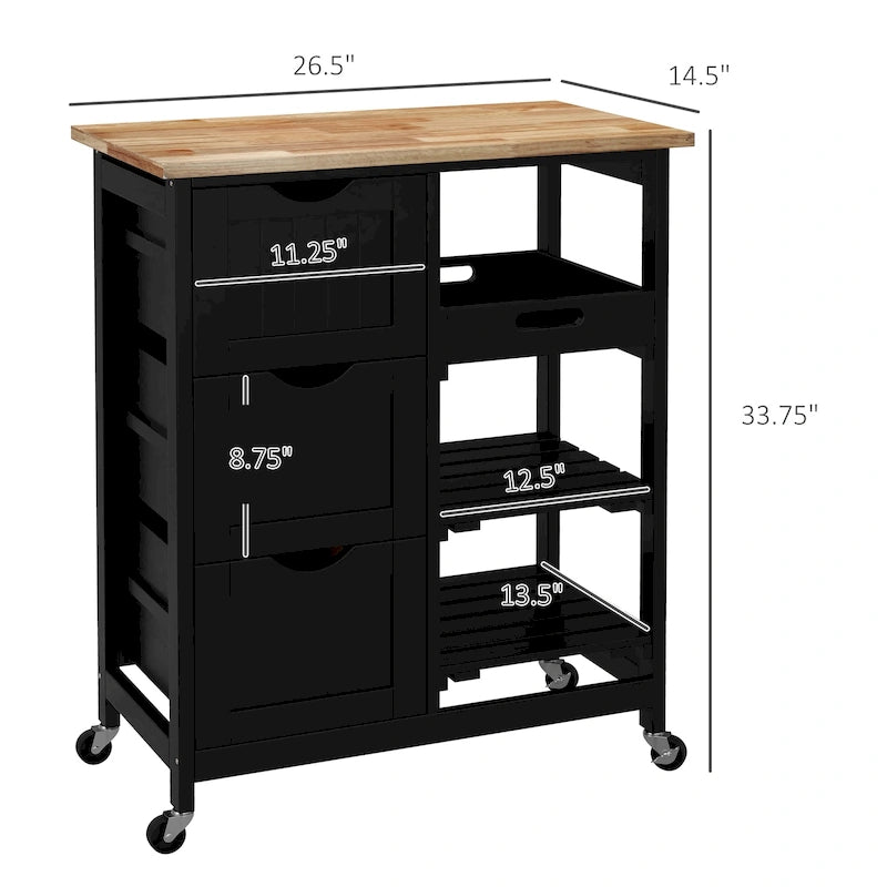 Chariot de cuisine roulant HOMCOM, chariot de service de bar, chariot compact sur roulettes avec plateau en bois, étagères et tiroirs pour la salle à manger à domicile