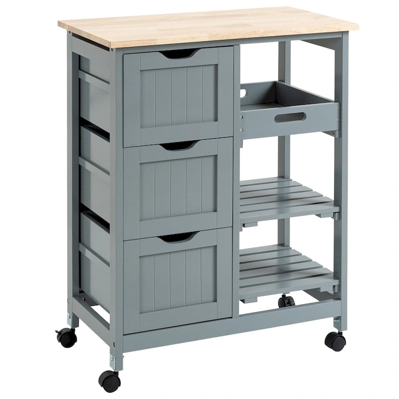 Chariot de cuisine roulant HOMCOM, chariot de service de bar, chariot compact sur roulettes avec plateau en bois, étagères et tiroirs pour la salle à manger à domicile
