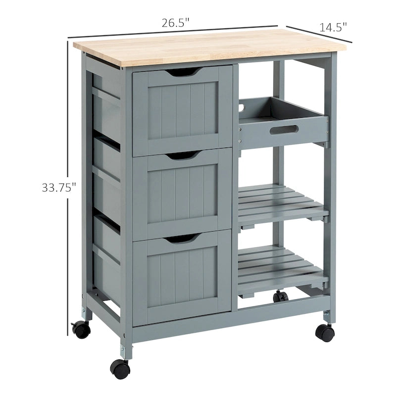 Chariot de cuisine roulant HOMCOM, chariot de service de bar, chariot compact sur roulettes avec plateau en bois, étagères et tiroirs pour la salle à manger à domicile