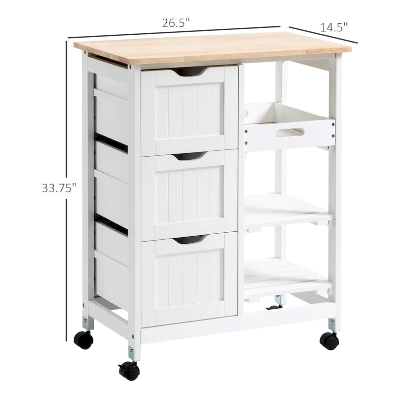 Chariot de cuisine roulant HOMCOM, chariot de service de bar, chariot compact sur roulettes avec plateau en bois, étagères et tiroirs pour la salle à manger à domicile