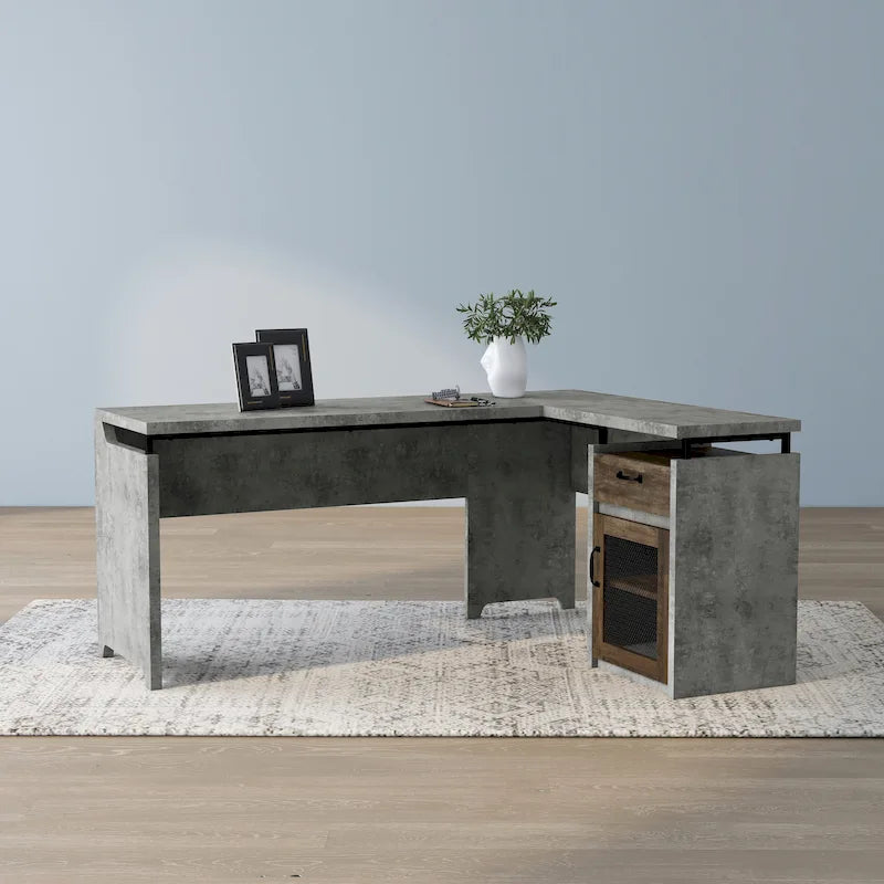 Bureau d'angle en L DH BASIC Urban 63 pouces avec rangements multiples, par Denhour