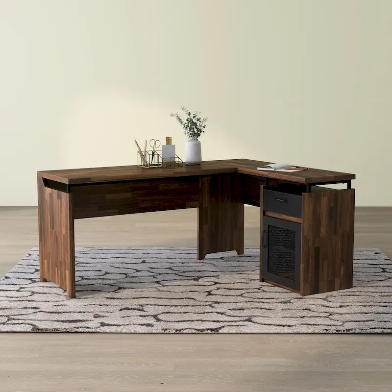 Bureau d'angle en L DH BASIC Urban 63 pouces avec rangements multiples, par Denhour