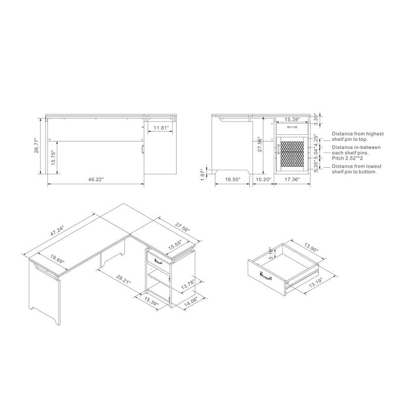 Bureau d'angle en L DH BASIC Urban 63 pouces avec rangements multiples, par Denhour
