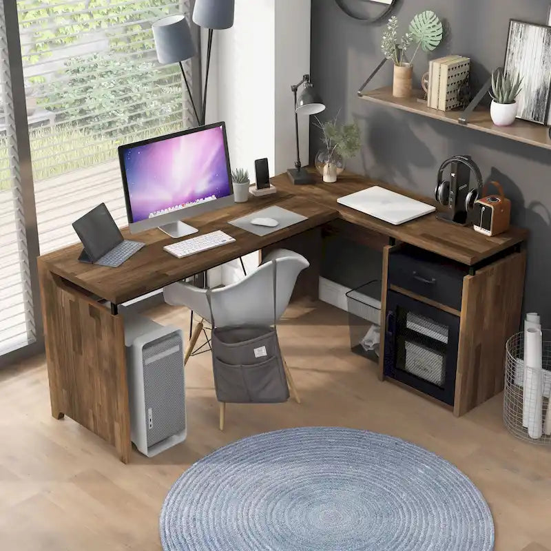 Bureau d'angle en L DH BASIC Urban 63 pouces avec rangements multiples, par Denhour