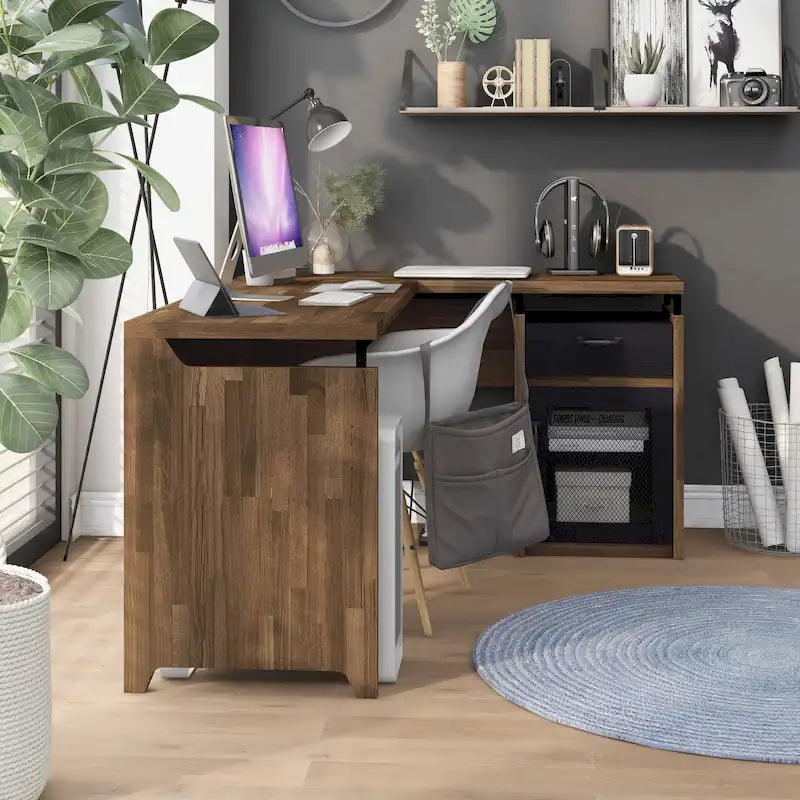 Bureau d'angle en L DH BASIC Urban 63 pouces avec rangements multiples, par Denhour