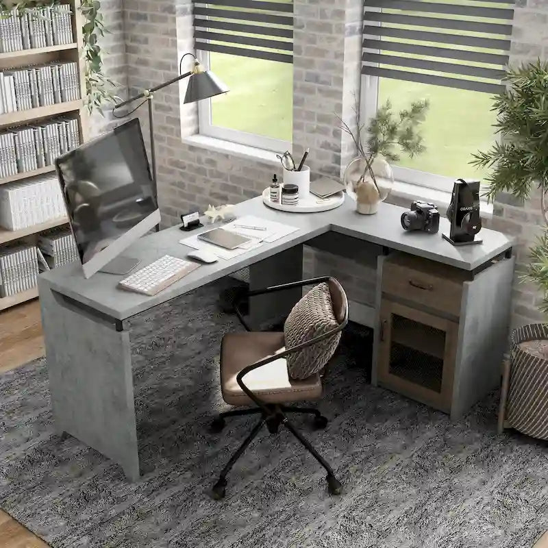 Bureau d'angle en L DH BASIC Urban 63 pouces avec rangements multiples, par Denhour