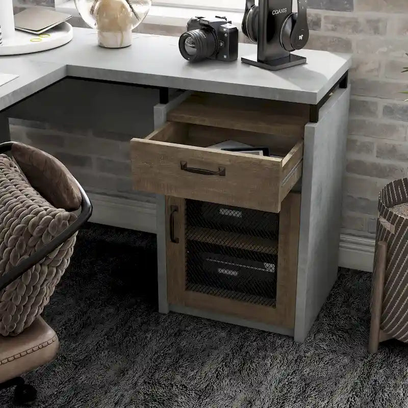 Bureau d'angle en L DH BASIC Urban 63 pouces avec rangements multiples, par Denhour