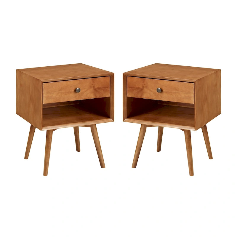 Table de chevet Middlebrook style milieu du siècle en bois massif, 1 tiroir, lot de 2