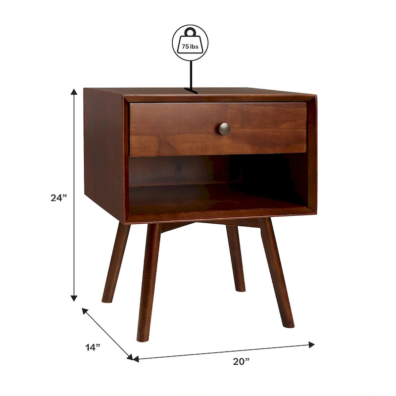 Table de chevet Middlebrook style milieu du siècle en bois massif, 1 tiroir, lot de 2