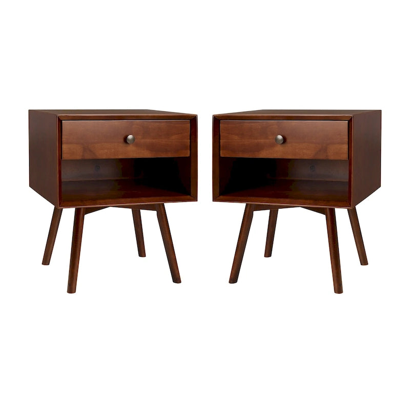 Table de chevet Middlebrook style milieu du siècle en bois massif, 1 tiroir, lot de 2