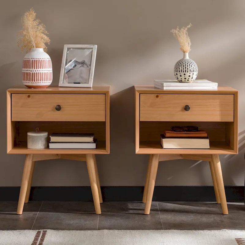 Table de chevet Middlebrook style milieu du siècle en bois massif, 1 tiroir, lot de 2