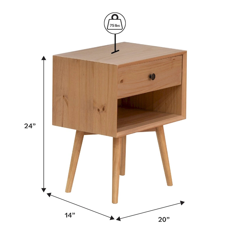 Table de chevet Middlebrook style milieu du siècle en bois massif, 1 tiroir, lot de 2