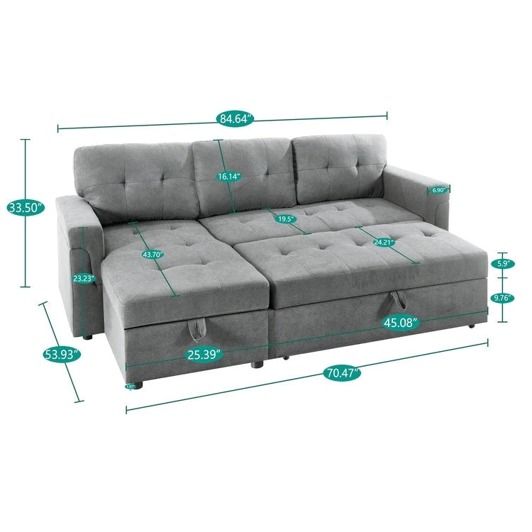 Canapé d'angle convertible et réversible avec lit gigogne, méridienne de rangement dissimulée et pieds robustes.