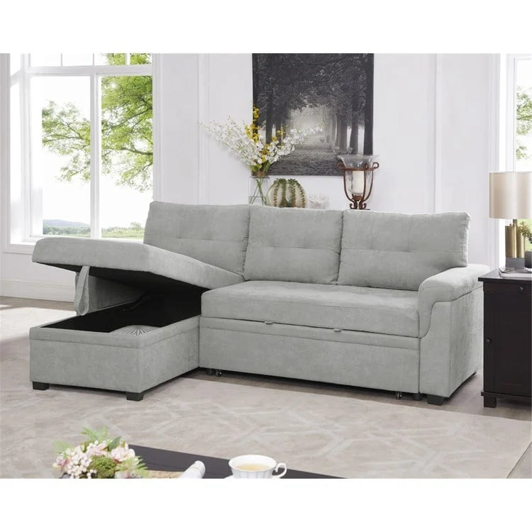 Canapé d'angle convertible et réversible avec lit gigogne, méridienne de rangement dissimulée et pieds robustes.