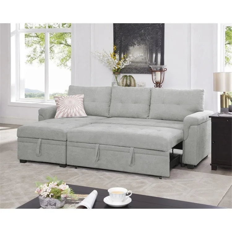 Canapé d'angle convertible et réversible avec lit gigogne, méridienne de rangement dissimulée et pieds robustes.