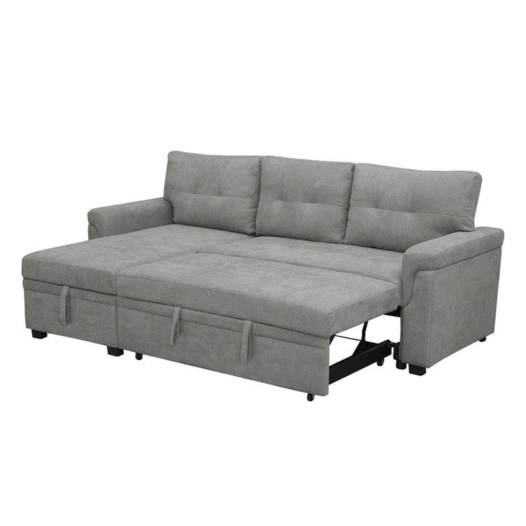 Canapé d'angle convertible et réversible avec lit gigogne, méridienne de rangement dissimulée et pieds robustes.