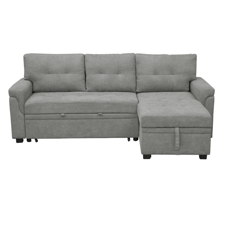Canapé d'angle convertible et réversible avec lit gigogne, méridienne de rangement dissimulée et pieds robustes.
