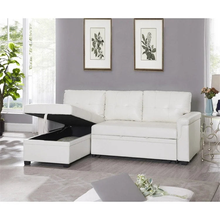 Canapé d'angle convertible et réversible avec lit gigogne, méridienne de rangement dissimulée et pieds robustes.