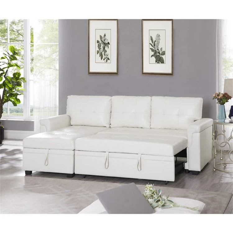 Canapé d'angle convertible et réversible avec lit gigogne, méridienne de rangement dissimulée et pieds robustes.