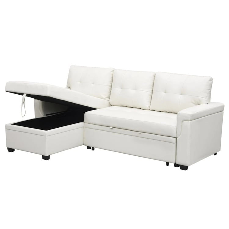 Canapé d'angle convertible et réversible avec lit gigogne, méridienne de rangement dissimulée et pieds robustes.