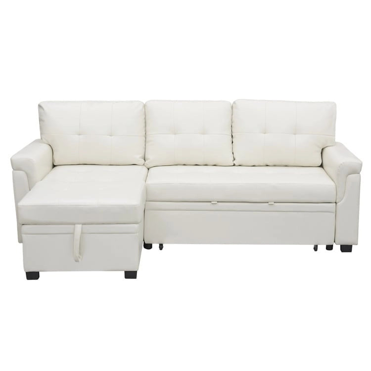 Canapé d'angle convertible et réversible avec lit gigogne, méridienne de rangement dissimulée et pieds robustes.