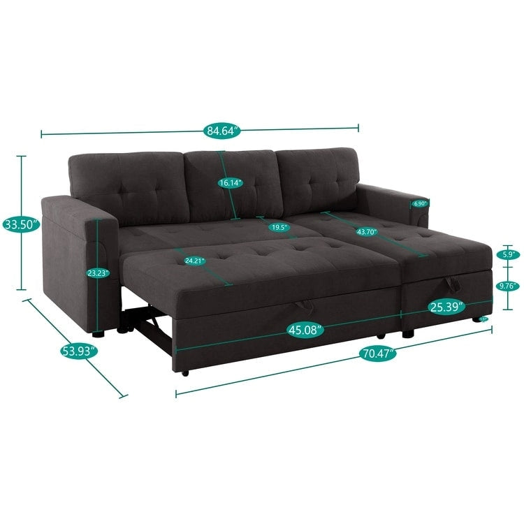 Canapé d'angle convertible et réversible avec lit gigogne, méridienne de rangement dissimulée et pieds robustes.