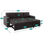 Canapé d'angle convertible et réversible avec lit gigogne, méridienne de rangement dissimulée et pieds robustes.