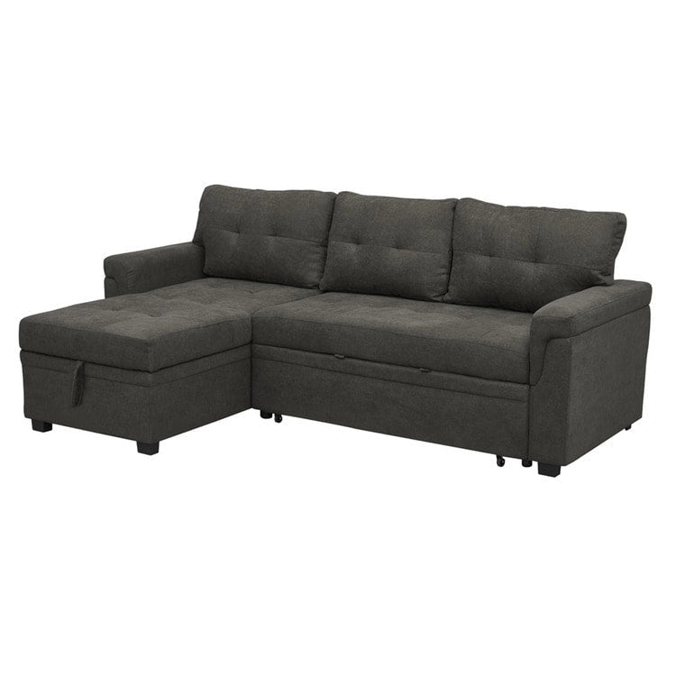 Canapé d'angle convertible et réversible avec lit gigogne, méridienne de rangement dissimulée et pieds robustes.