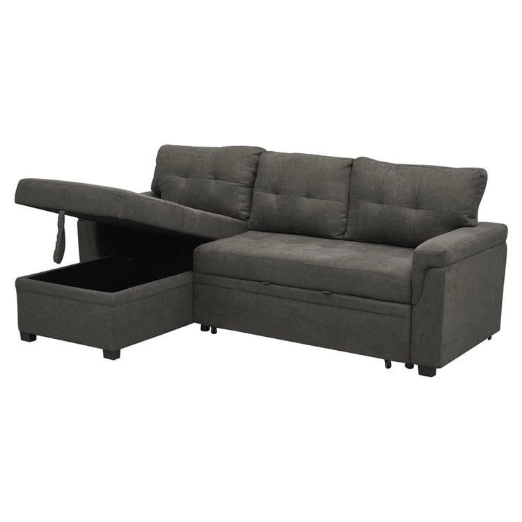 Canapé d'angle convertible et réversible avec lit gigogne, méridienne de rangement dissimulée et pieds robustes.