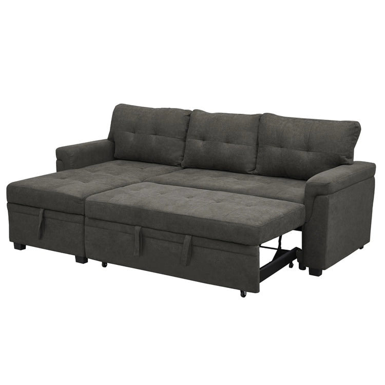 Canapé d'angle convertible et réversible avec lit gigogne, méridienne de rangement dissimulée et pieds robustes.