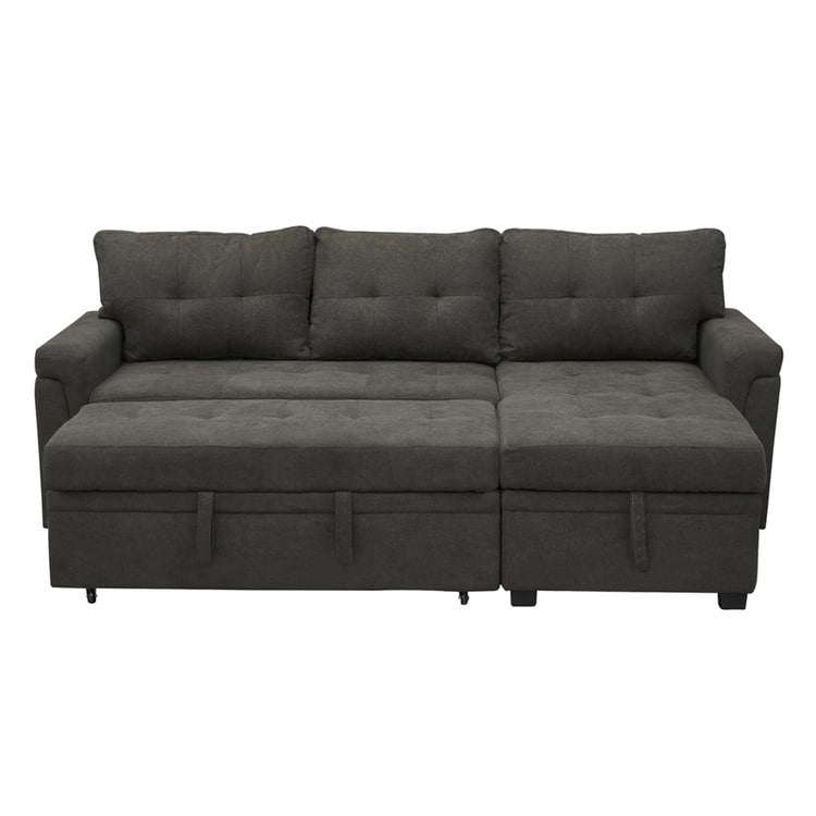 Canapé d'angle convertible et réversible avec lit gigogne, méridienne de rangement dissimulée et pieds robustes.