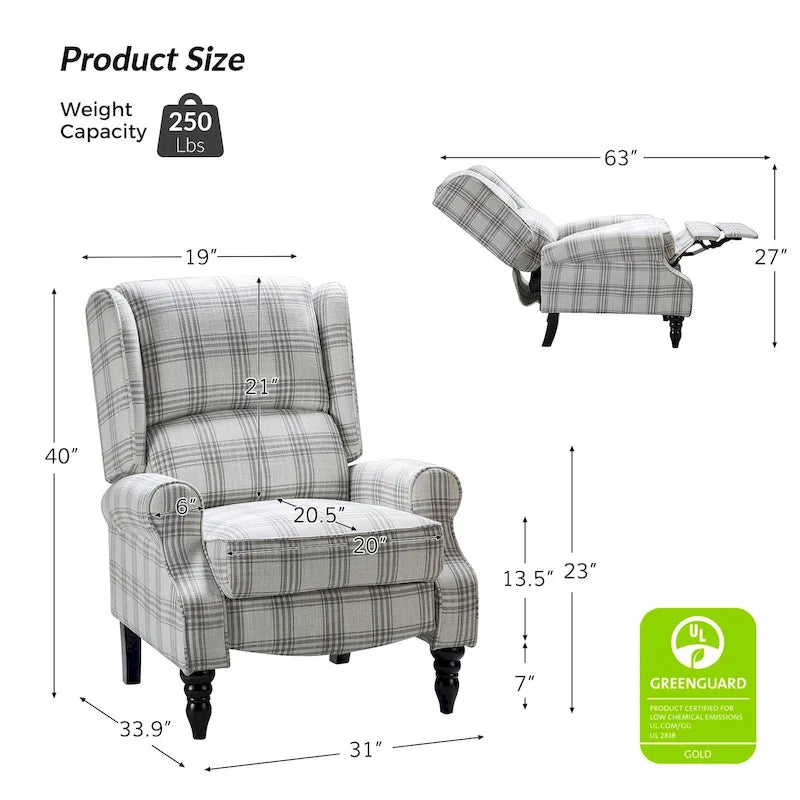Fauteuil inclinable manuel classique Olympus à oreilles, capitonné, avec pieds en bois massif, par HULALA HOME