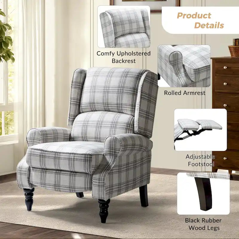 Fauteuil inclinable manuel classique Olympus à oreilles, capitonné, avec pieds en bois massif, par HULALA HOME