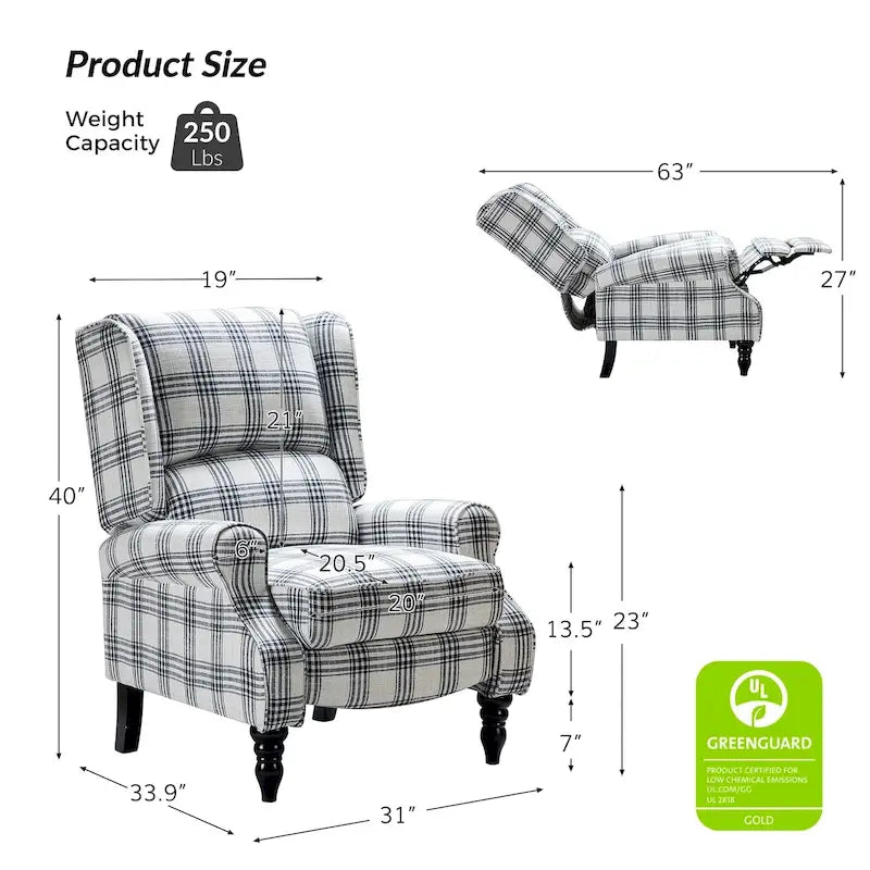 Fauteuil inclinable manuel classique Olympus à oreilles, capitonné, avec pieds en bois massif, par HULALA HOME