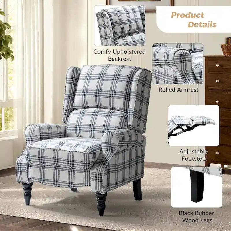 Fauteuil inclinable manuel classique Olympus à oreilles, capitonné, avec pieds en bois massif, par HULALA HOME