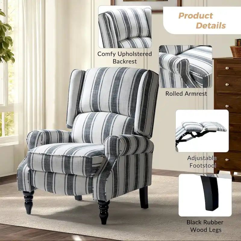 Fauteuil inclinable manuel classique Olympus à oreilles, capitonné, avec pieds en bois massif, par HULALA HOME