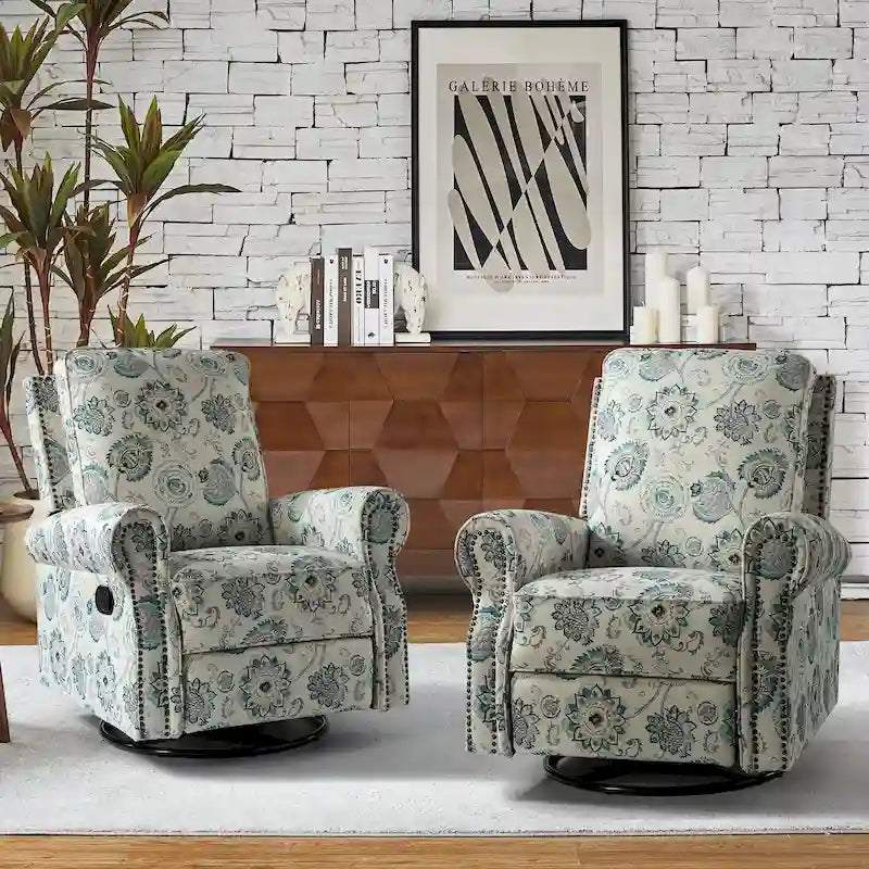 Ensemble de 2 fauteuils inclinables pivotants à bascule Roderich Farmhouse à imprimé floral et accoudoirs arrondis par HULALA HOME
