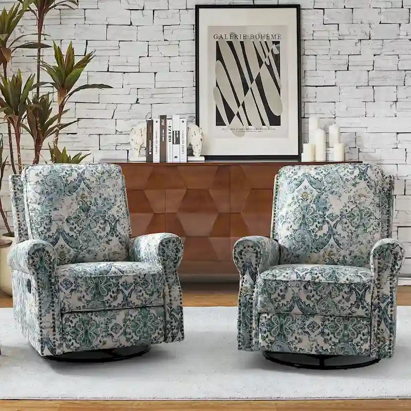 Ensemble de 2 fauteuils inclinables pivotants à bascule Roderich Farmhouse à imprimé floral et accoudoirs arrondis par HULALA HOME