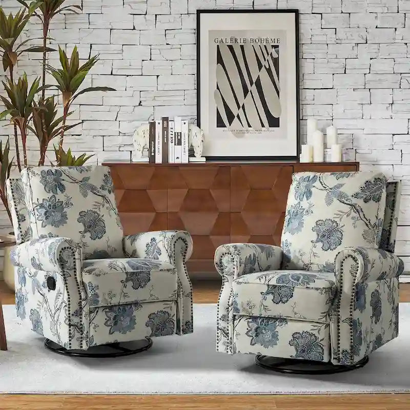 Ensemble de 2 fauteuils inclinables pivotants à bascule Roderich Farmhouse à imprimé floral et accoudoirs arrondis par HULALA HOME