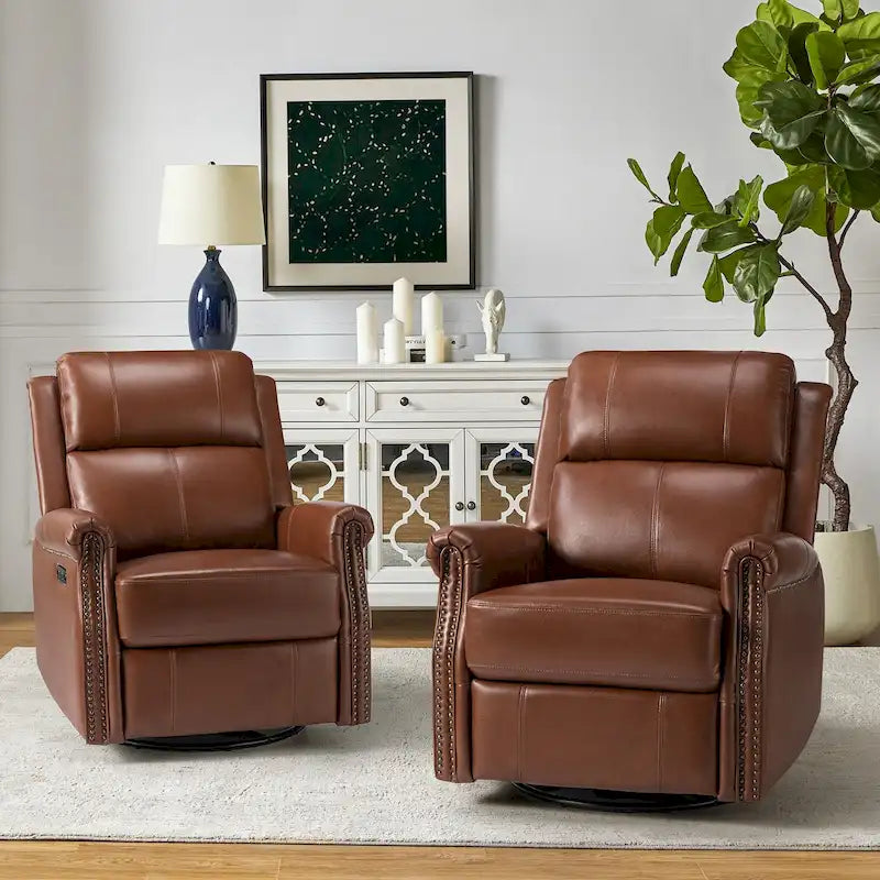 Ensemble de 2 fauteuils inclinables électriques pivotants Renato en cuir véritable traditionnel avec clous décoratifs et base en métal, par HULALA HOME