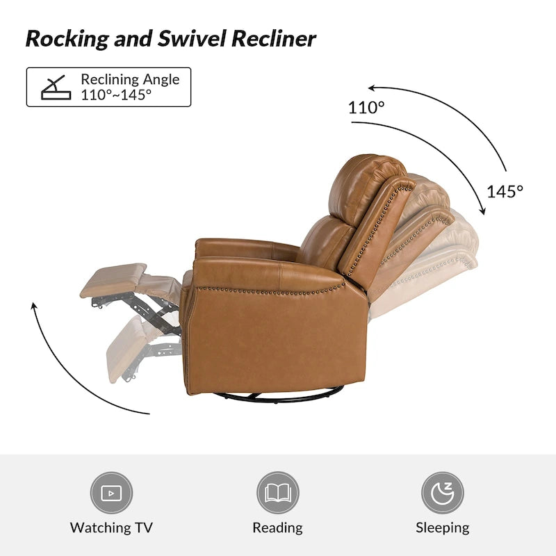 Ensemble de 2 fauteuils inclinables électriques pivotants Renato en cuir véritable traditionnel avec clous décoratifs et base en métal, par HULALA HOME