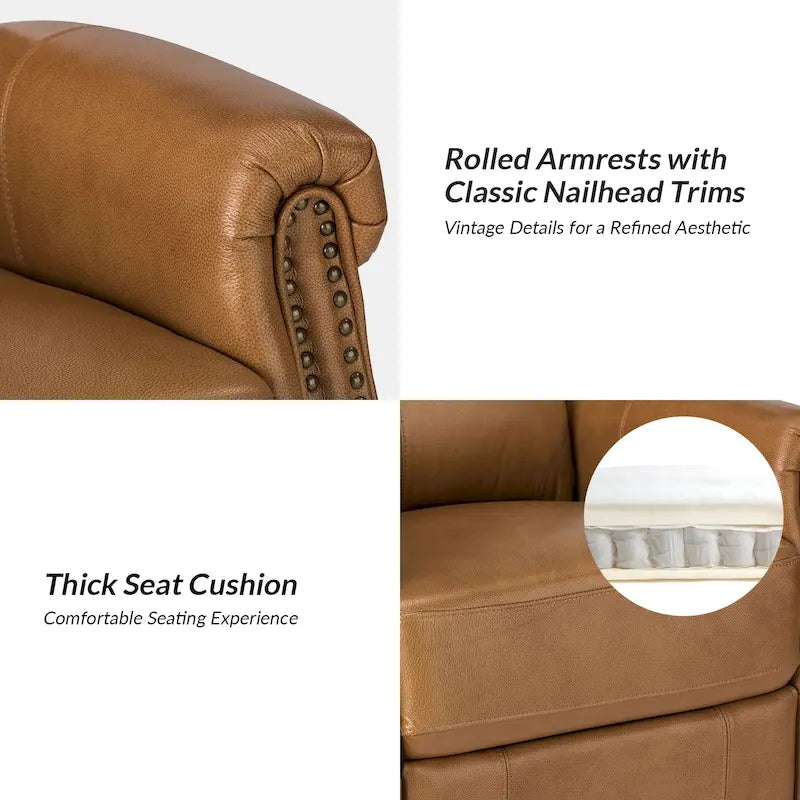 Ensemble de 2 fauteuils inclinables électriques pivotants Renato en cuir véritable traditionnel avec clous décoratifs et base en métal, par HULALA HOME