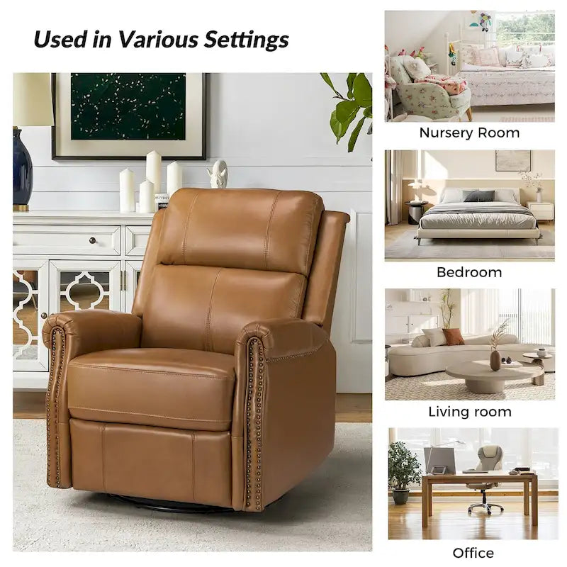 Ensemble de 2 fauteuils inclinables électriques pivotants Renato en cuir véritable traditionnel avec clous décoratifs et base en métal, par HULALA HOME